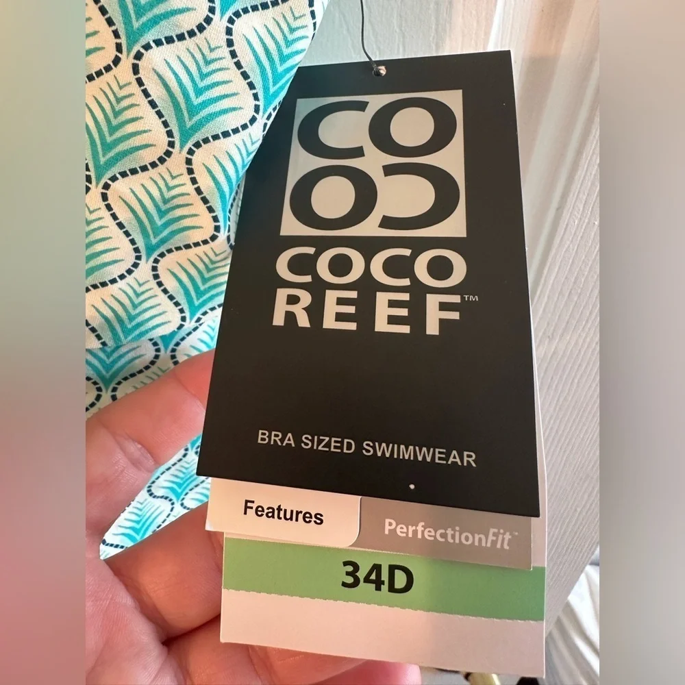 NWT COCO REEF 34D Siren Aura Ruffle Underwire Tankini Top Blue Green Geometric